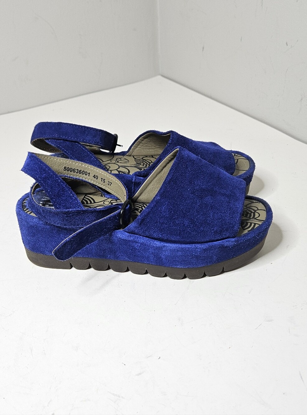 Fly London Booz Sandals Scalloped Platforms Peep Toe Ankle Strap Blue Suede 7